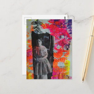 Bright Flowers Vintage Child Mixed Media Collage Postcard