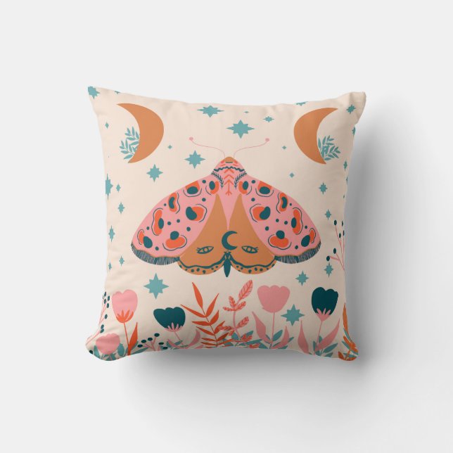 Bright Folk art Moths pattern Cushion (Front)