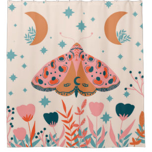 Bright Folk art Moths pattern Shower Curtain