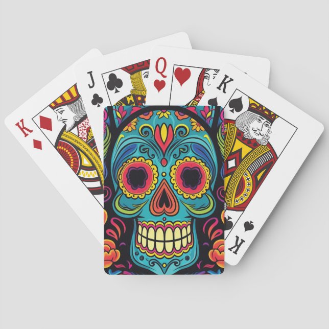 Bright Folk Art Sugar Skull Day of the Dead Party  Playing Cards (Back)