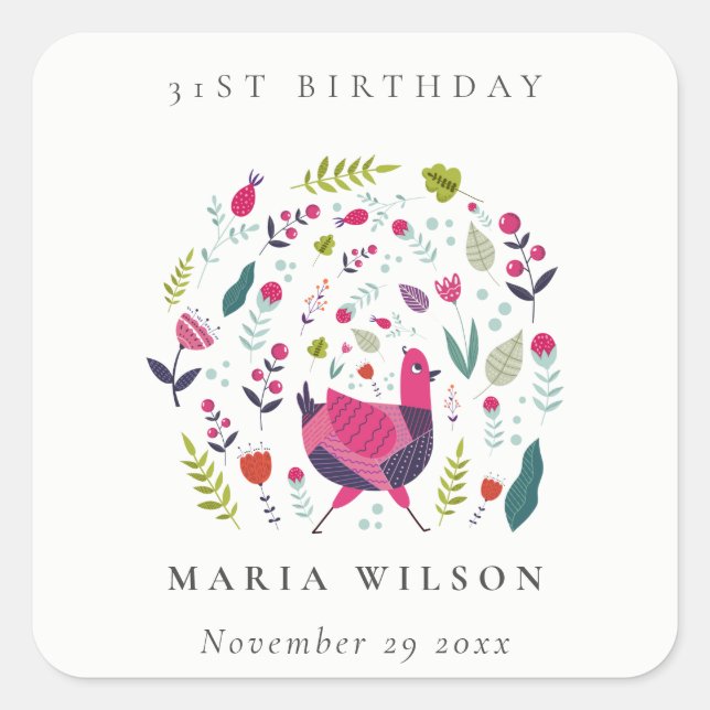 Bright Folk Farm Floral Bird Any Age Birthday Square Sticker (Front)