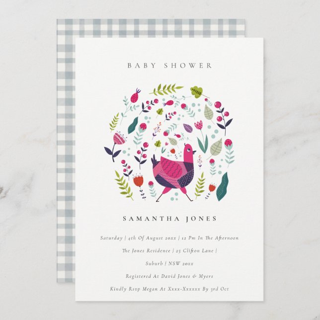 Bright Folk Farm Floral Birdie Baby Shower Invite (Front/Back)