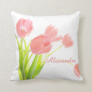 Bright, Fresh, Pink Tulip Bouquet on white name Cushion