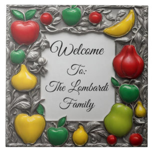 Bright Fruit Accents on Ornate Silver Welcome Ceramic Tile