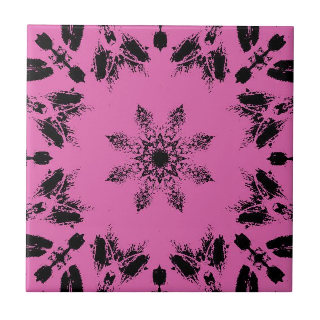 Bright fuchsia ebony black star flower geometric  ceramic tile (Front)