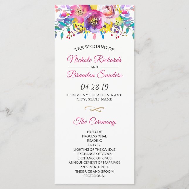 Bright Fuchsia Gold Blossom Floral Wedding Program (Front)
