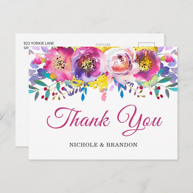 Bright Fuchsia Gold  Floral Thank You Postcard (Front/Back)