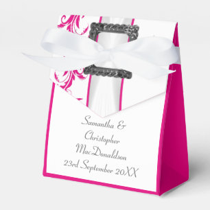 Bright fuchsia pink damask white lace wedding favour box