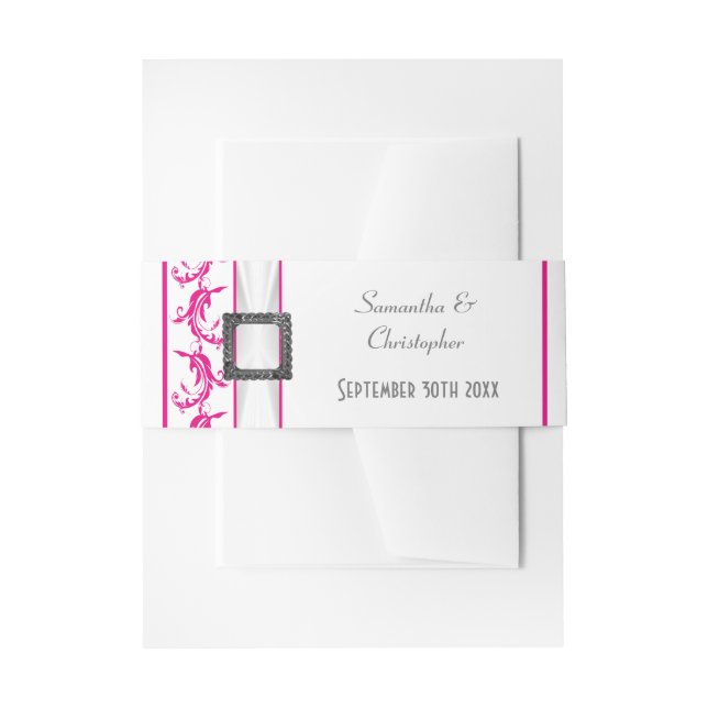 Bright fuchsia pink white traditional wedding invitation belly band (Front Example)