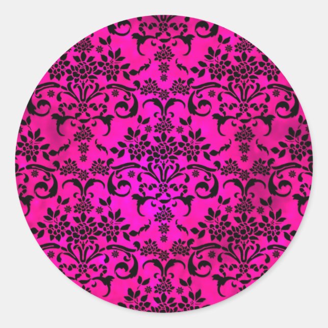 Bright Fucshia and Black Floral Damask Pattern Classic Round Sticker (Front)