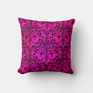 Bright Fucshia and Black Floral Damask Pattern Cushion
