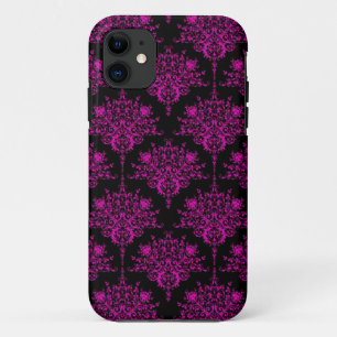 Bright Fucshia Pink over Black Damask Pattern iPhone 11 Case
