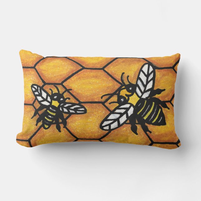 Bright Fun Black Yellow Buzzing Bees on Honey Comb Lumbar Cushion (Front)