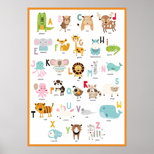 Bright Fun Colourful Orange Frame Animal Alphabet Poster (Front)