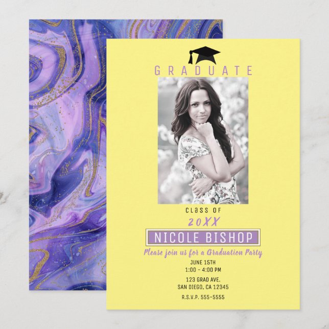 Bright Fun Purple Yellow Graduation Photo Party  Invitation (Front/Back)