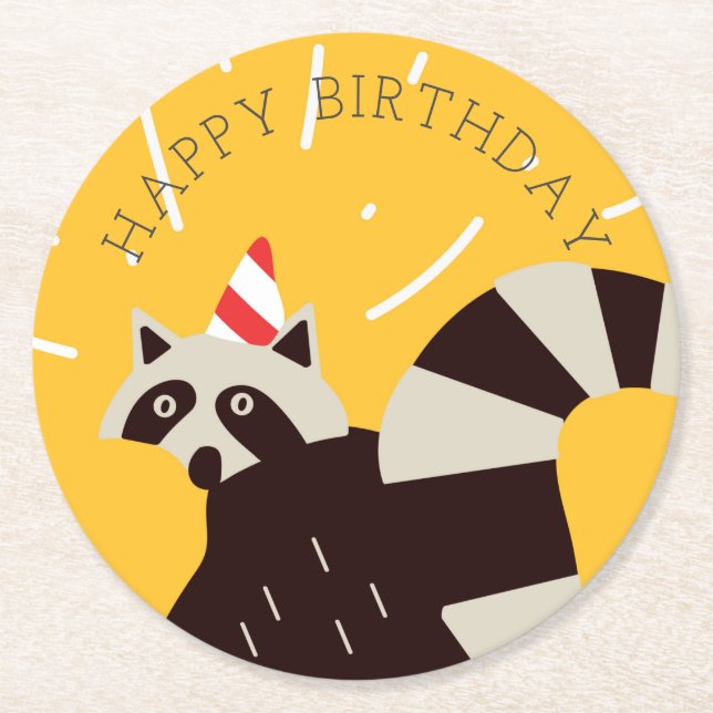 Bright Funky Happy Birthday Racoon Paper Plate Round Paper Coaster (Front)