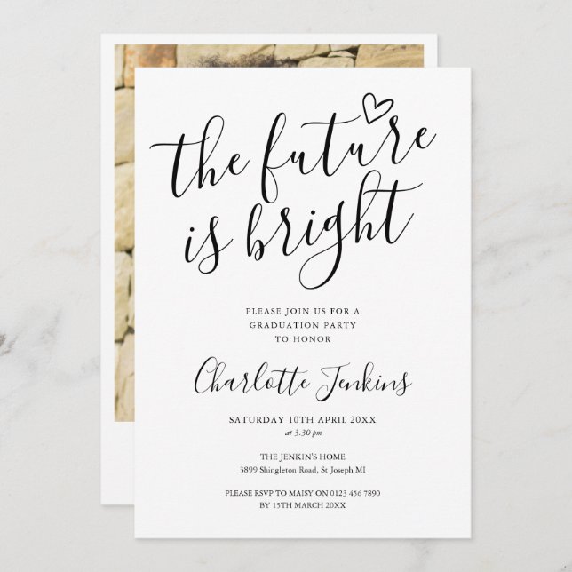 Bright Future Script Heart Photo Graduation Party Invitation (Front/Back)