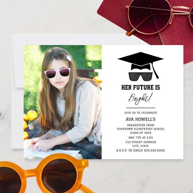 Bright Future Sunglasses Girl Photo Graduation  Invitation (Creator Uploaded)