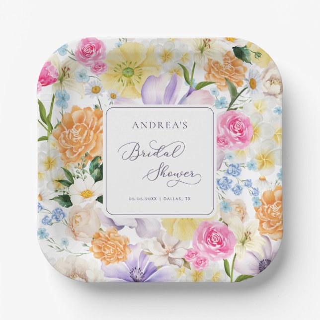 Bright Garden Floral Spring Summer Bridal Shower Paper Plate (Front)