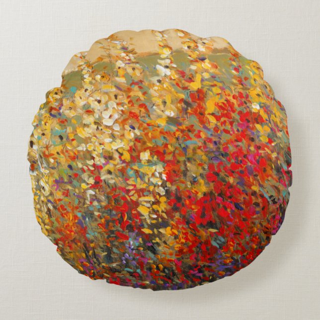Bright Garden Mural of Spring Wildflowers Round Cushion (Front)