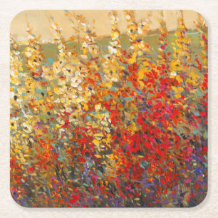 Bright Garden Mural of Spring Wildflowers Square Paper Coaster