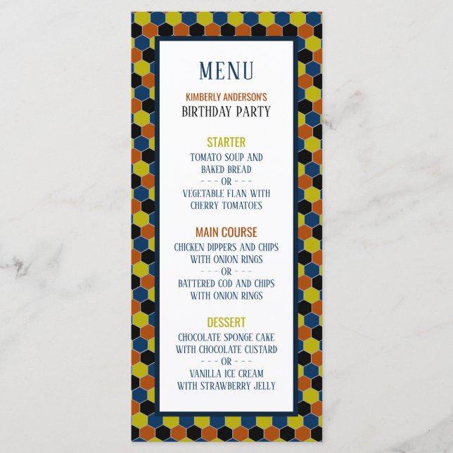 Bright Geometric Pattern, Modern Birthday Menu (Front)
