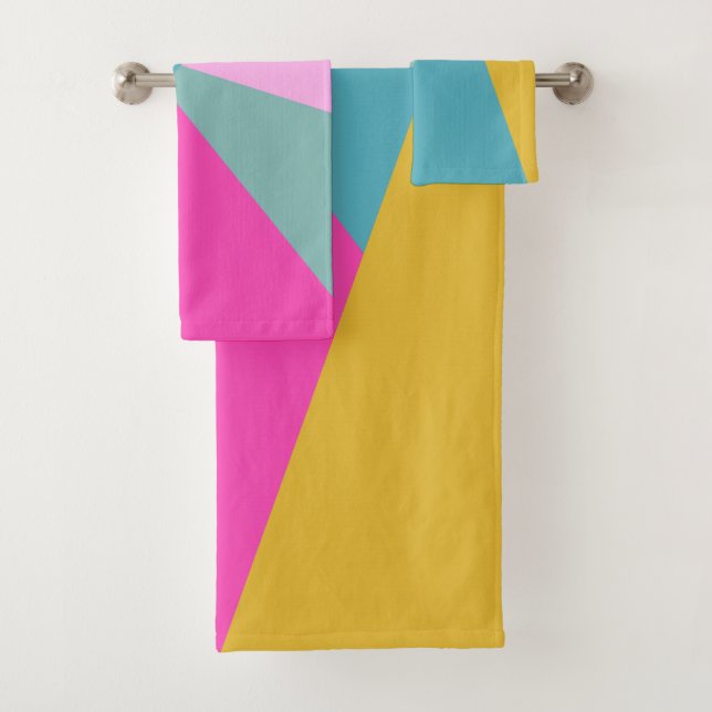Bright Geometric Sunburst Shapes Hot Pink Yellow   Bath Towel Set (Insitu)