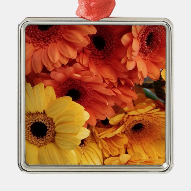 Bright Gerbera Flowers, Orange Yellow, Flora Metal Tree Decoration (Front)