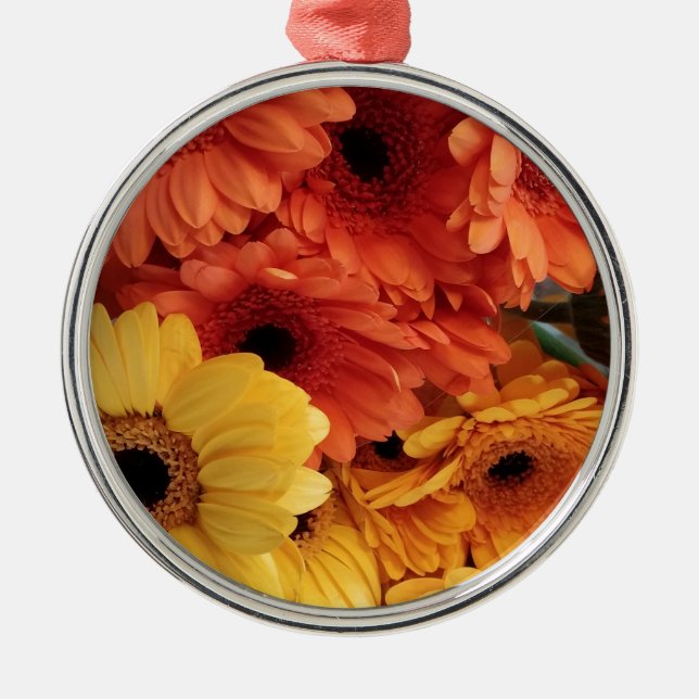 Bright Gerbera Flowers, Orange Yellow, Flora Metal Tree Decoration (Front)