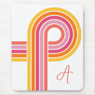 Bright Girly Curved Stripes Pattern with Monogram Mouse Pad