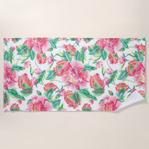 Bright Girly Pink Flowers Pattern Beach Towel
