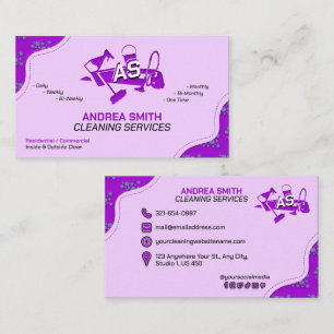Bright Girly Purple Cleaning Services Logo Cute Business Card