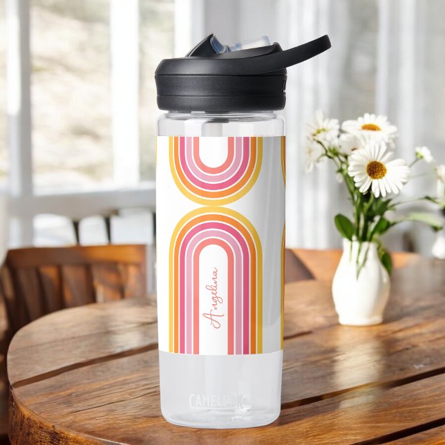 Bright Girly Rainbow Stripes Pattern with Name Water Bottle (Personalize with any name for a custom gift.)