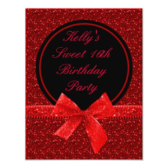 Bright Glitter Red Mod Sweet 16 Party Card