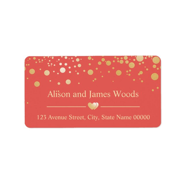 Bright Gold Confetti Dots Coral Orange Wedding Label (Front)