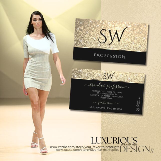 Bright Gold Glitter Luminous Stars Initials Black  Business Card (Creator Uploaded)