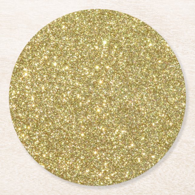 Bright Gold Glitter Sparkles Round Paper Coaster (Front)