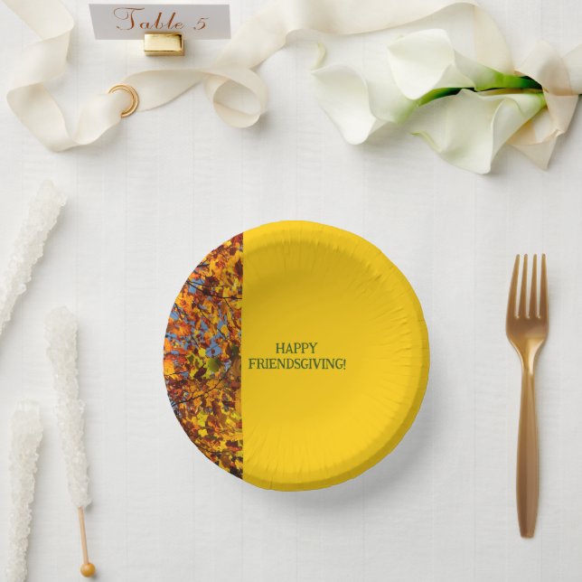 Bright Gold Leaves Thanksgiving Friendsgiving Paper Plate (Wedding)
