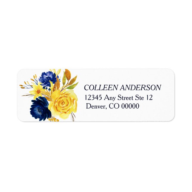 Bright Gold Navy Blue Floral Return Address Label (Front)