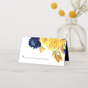 Bright Gold Navy Blue Floral Wedding Place Card