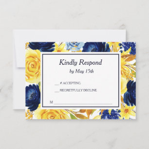 Bright Gold Navy Blue Floral Wedding RSVP Card