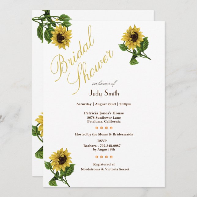 Bright Gold Sunflowers Bridal Shower Invitations (Front/Back)