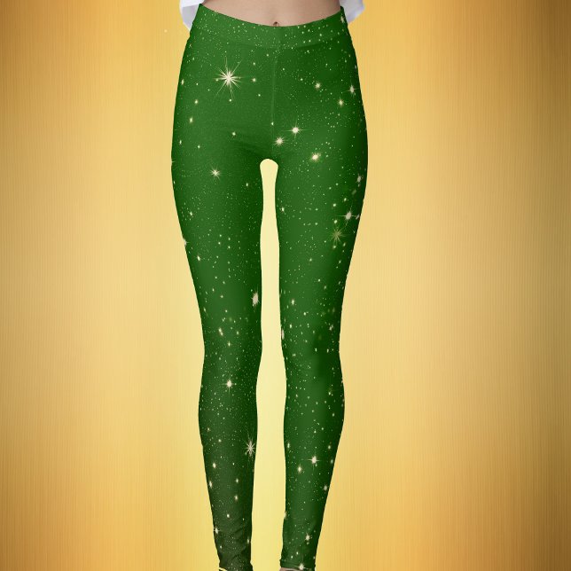 Bright Golden Twinkle Stars  Dark Green Chrismtas Leggings (Dark green womans leggings with gold sparkle like twinkle stars for Christmas season.)