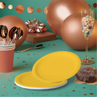 Bright golden-yellow background with subtle paper plate