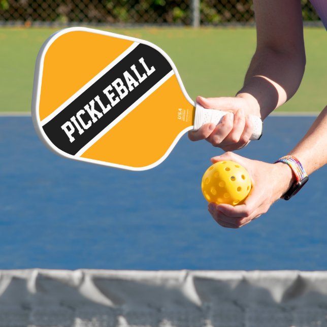Bright Golden Yellow Black Diagonal Racing Stripes Pickleball Paddle (Insitu)