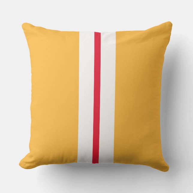 Bright Golden Yellow Slim Red White Racing Stripes Cushion (Front)
