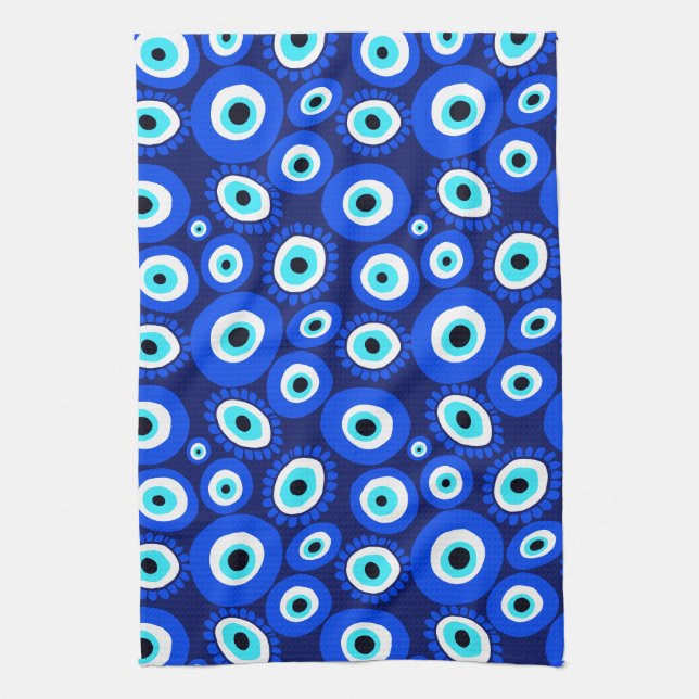 Bright Greek Eye Pattern on Navy Blue Tea Towel (Vertical)