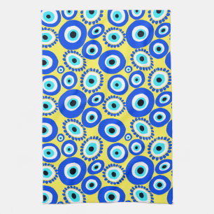 Bright Greek Eye Pattern on Yellow Tea Towel