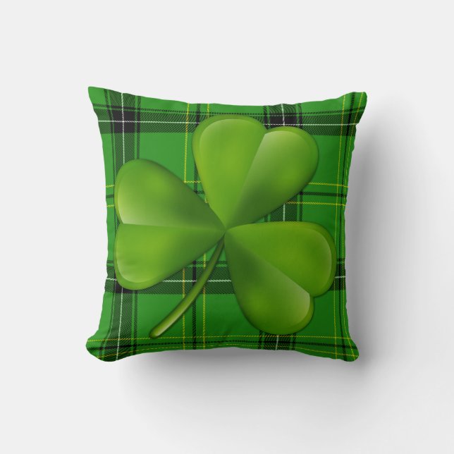 Bright Green 3-leaf Clover on Plaid Tartan Cushion (Front)