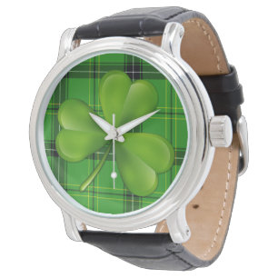 Bright Green 3-leaf Clover on Plaid Tartan Watch